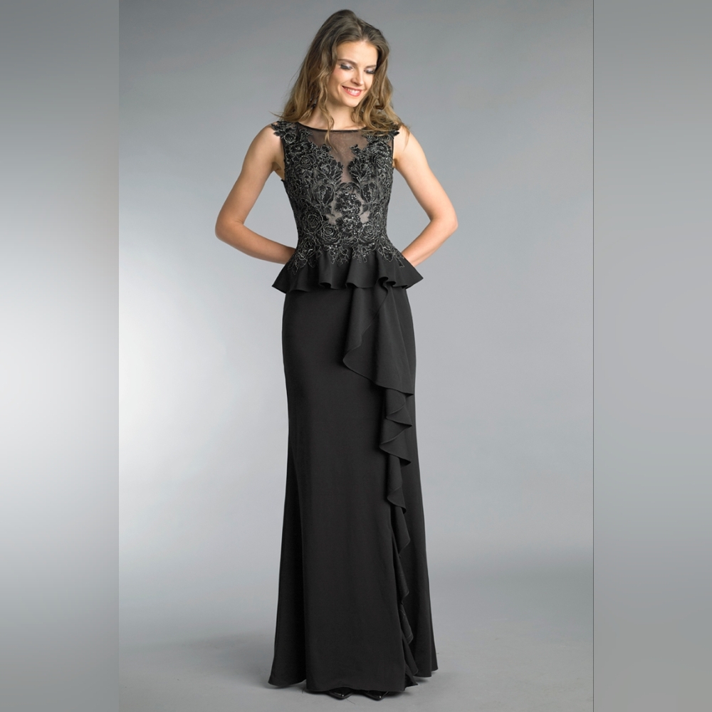 Elegant Black Lace Peplum Evening Gown